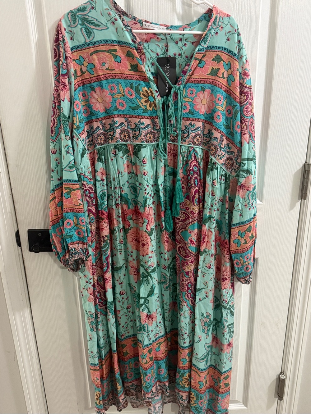 R. Vivimos NWT 2XL Boho Floral Midi Dress Teal Paisley Tassel Tie Long Sleeve